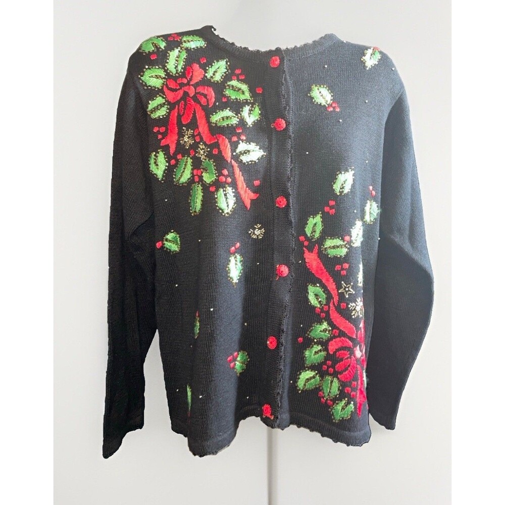 Vtg  Arriviste Christmas Cardigan M Black Holly Bow Beaded Embroidered Sweater